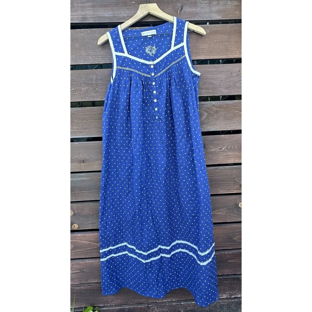 Eileen West Blue Polka Dot Nightgown Size Small